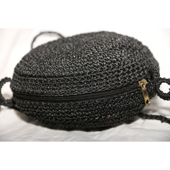 Vintage 1960's Crochet Round Purse Shoulder Crossbody Bag Black Handmade Zipper - Picture 5 of 6